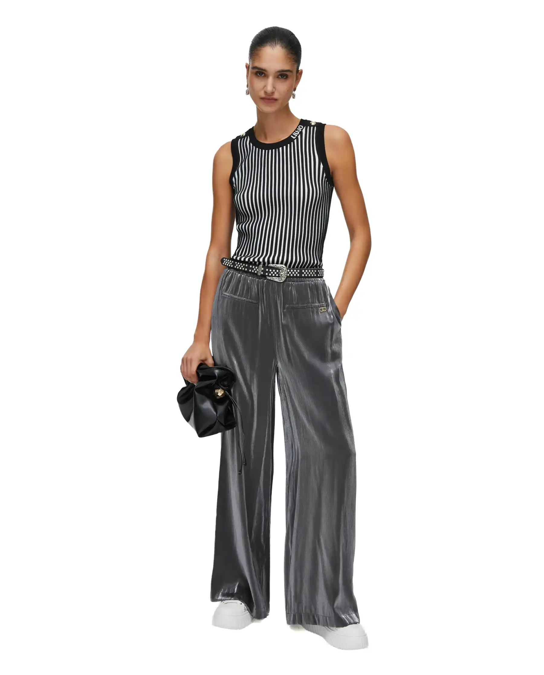 LIU JO PANTALONI FLARE LAMINATI ARGENTO