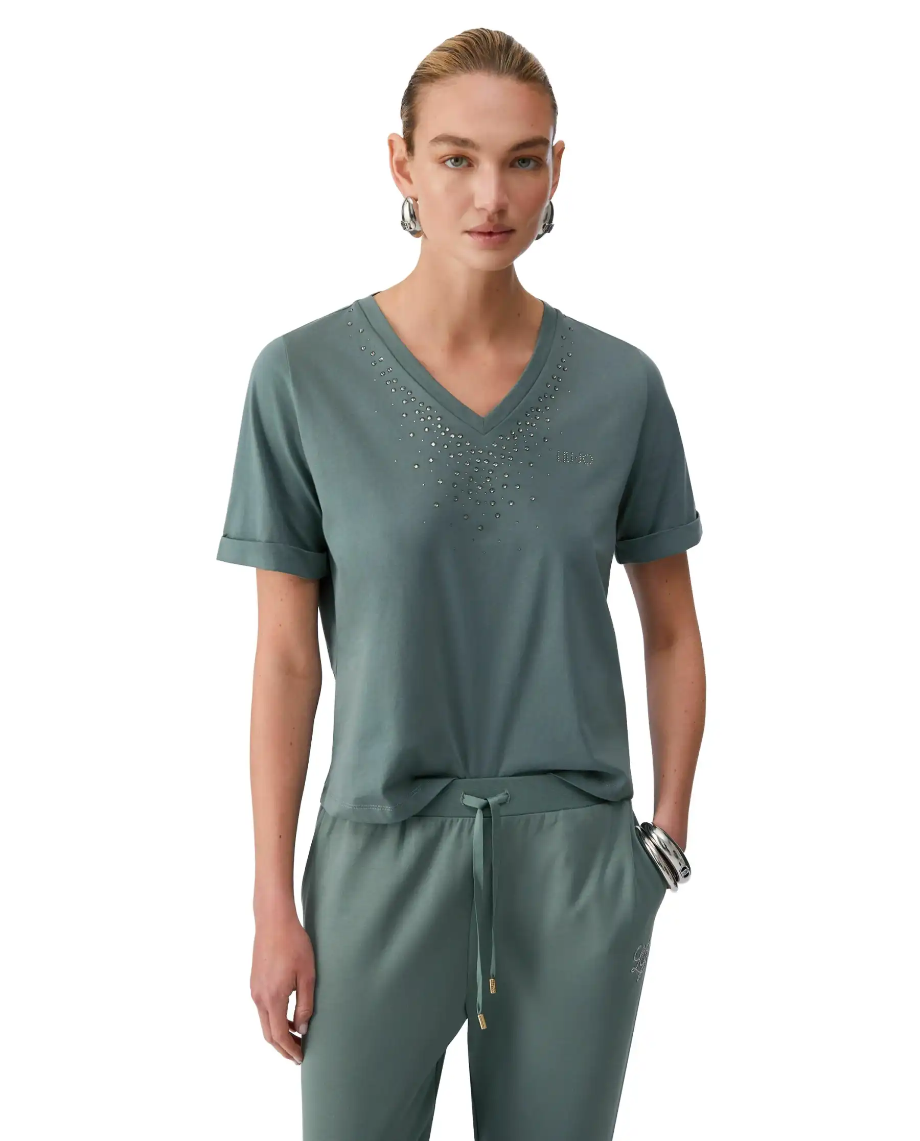 LIU JO T-SHIRT CON STRASS VERDE MILITARE
