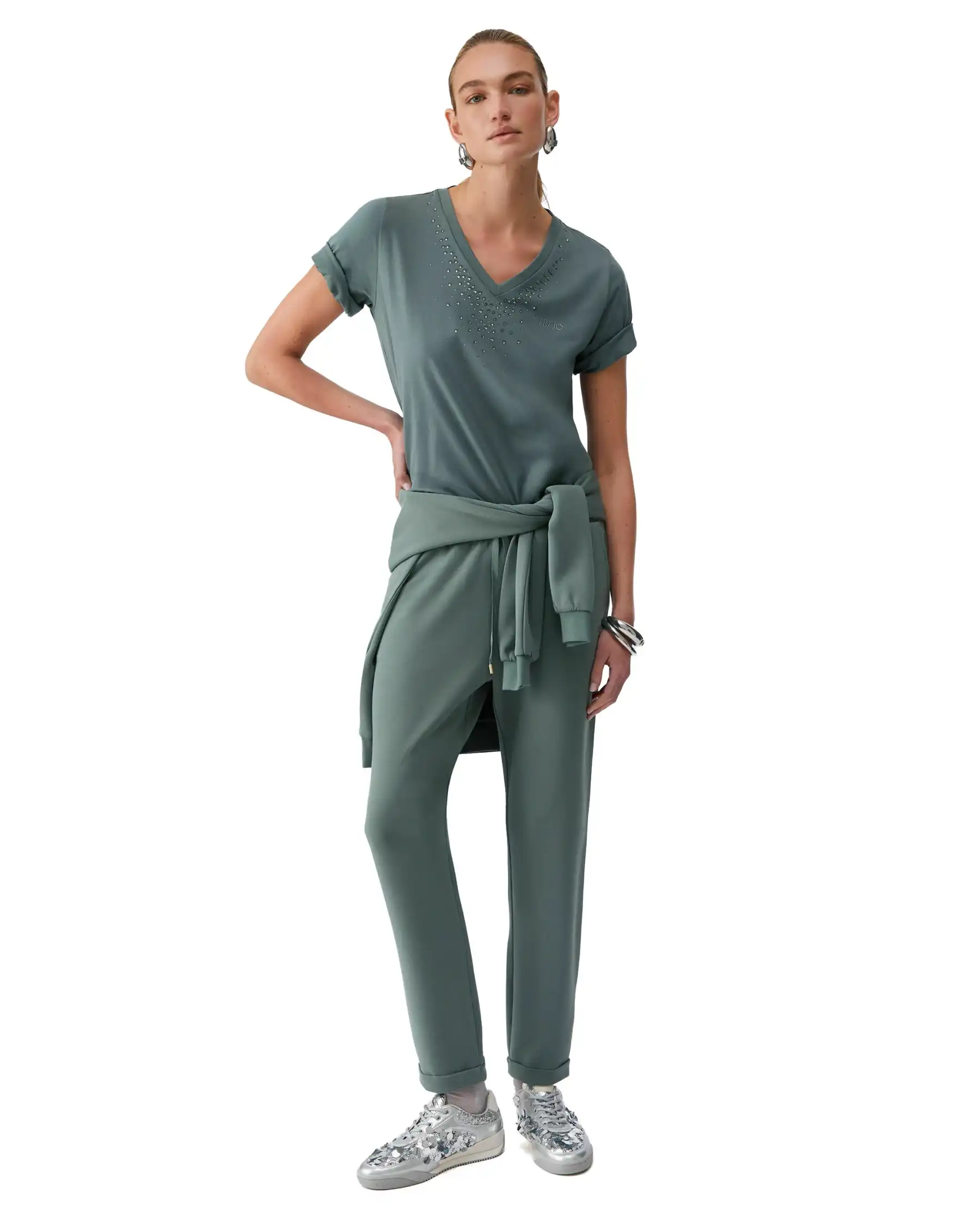 LIU JO T-SHIRT CON STRASS VERDE MILITARE