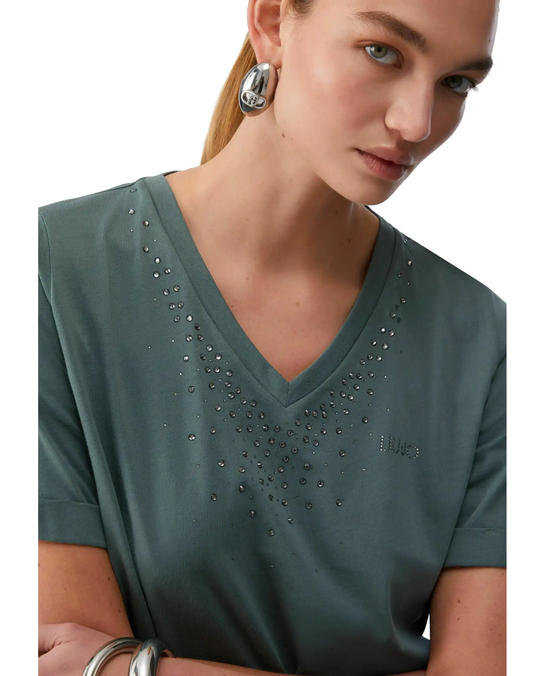 LIU JO T-SHIRT CON STRASS VERDE MILITARE