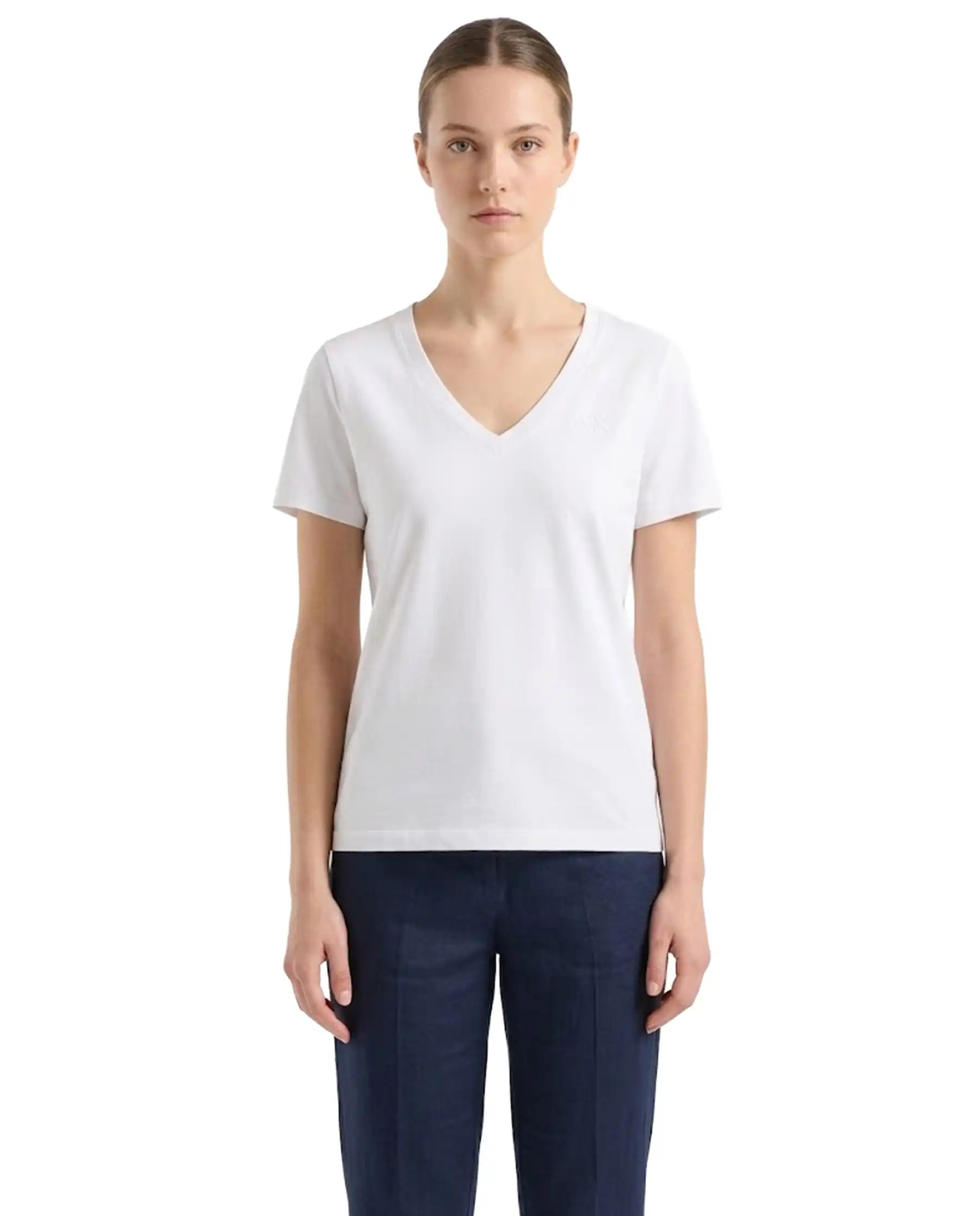SUN 68 T-SHIRT V NECK PIQUET BIANCO