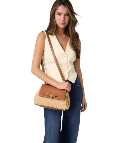 GUESS BORSA MAGGIE STRAW FLAP SHOULDER BEIGE
