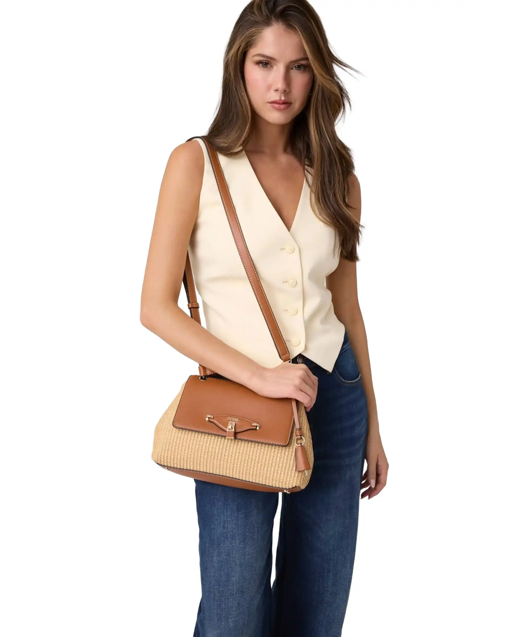 GUESS BORSA MAGGIE STRAW FLAP SHOULDER BEIGE