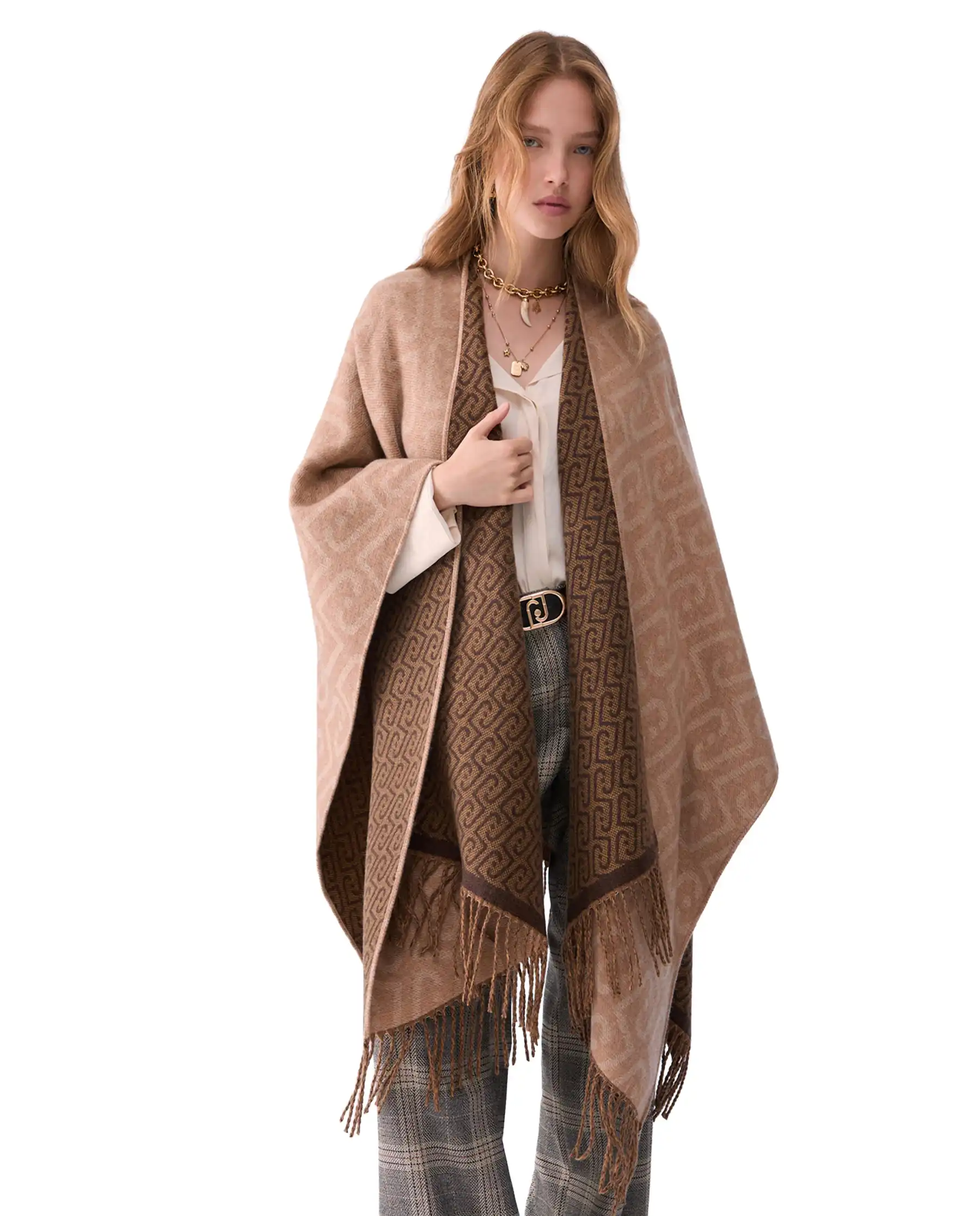 LIU JO PONCHO MONOGRAM JACQUARD CAMMELLO