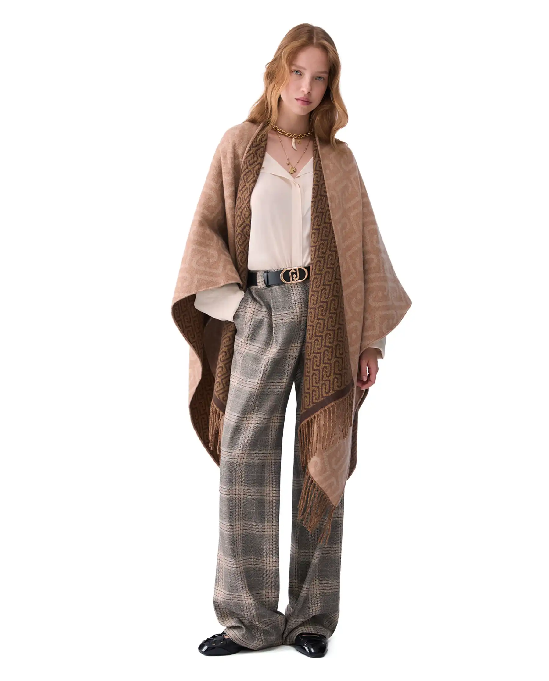 LIU JO PONCHO MONOGRAM JACQUARD CAMMELLO