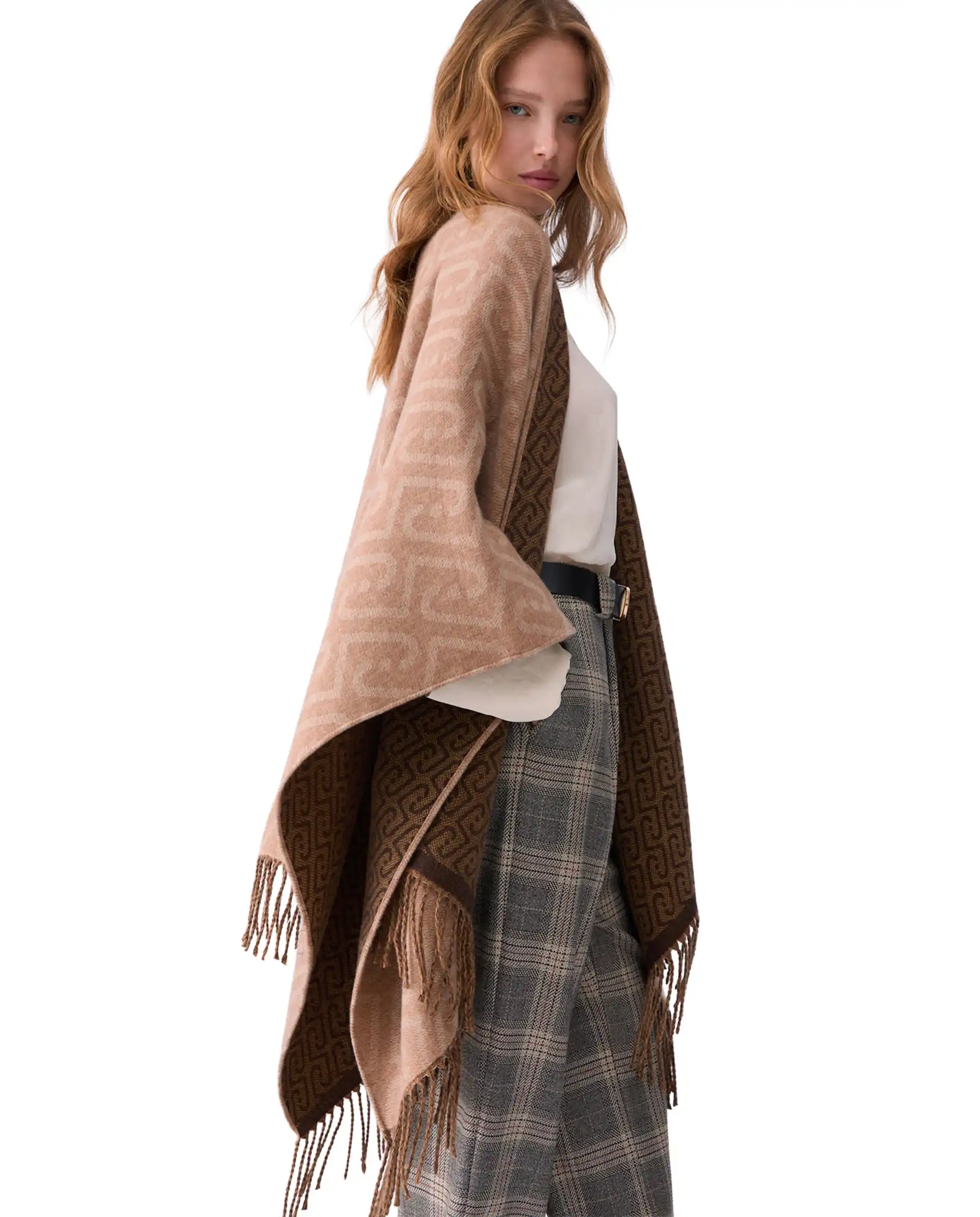 LIU JO PONCHO MONOGRAM JACQUARD CAMMELLO