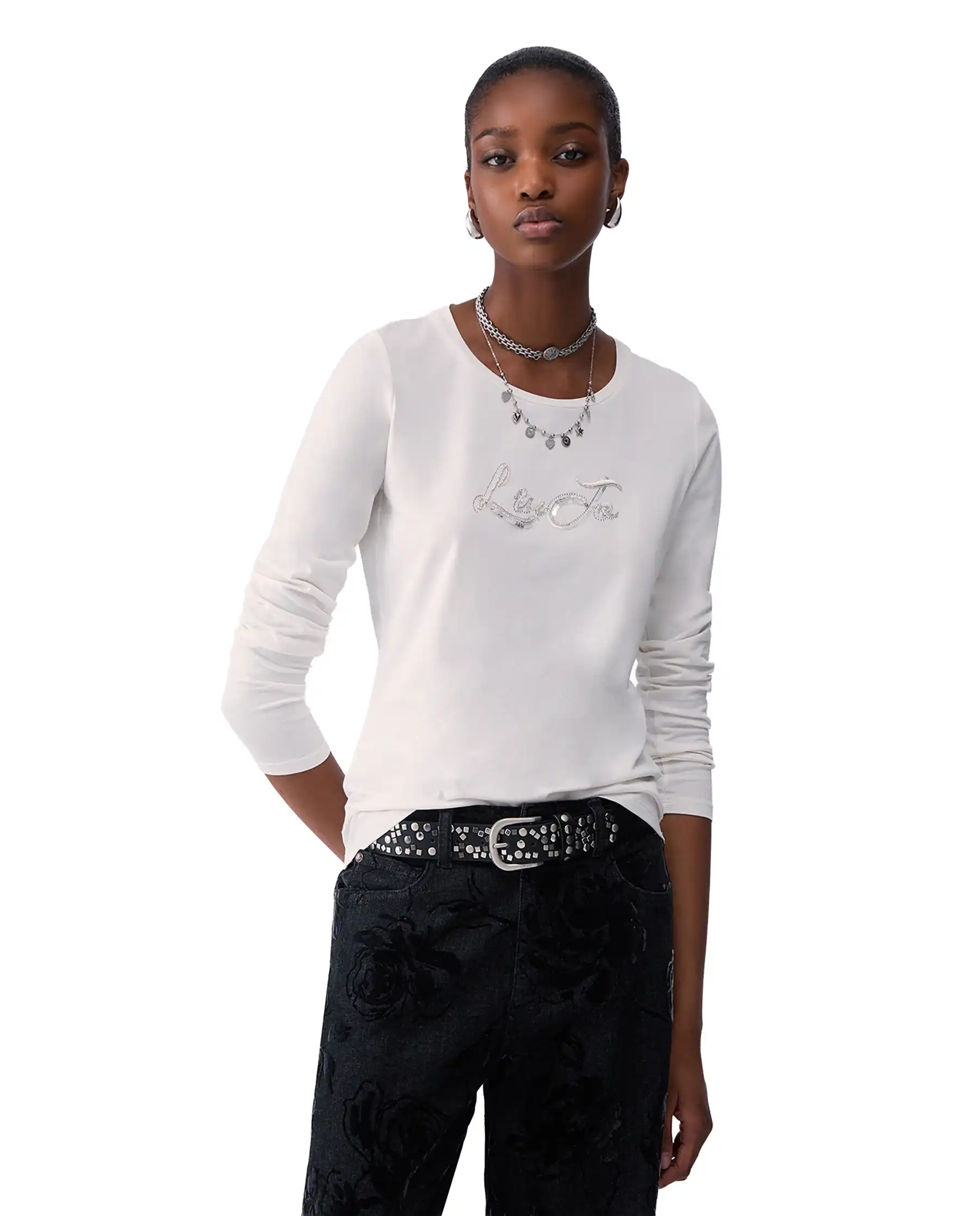 LIU JO T-SHIRT MANICHE LUNGHE CON PAILETTES BIANCO